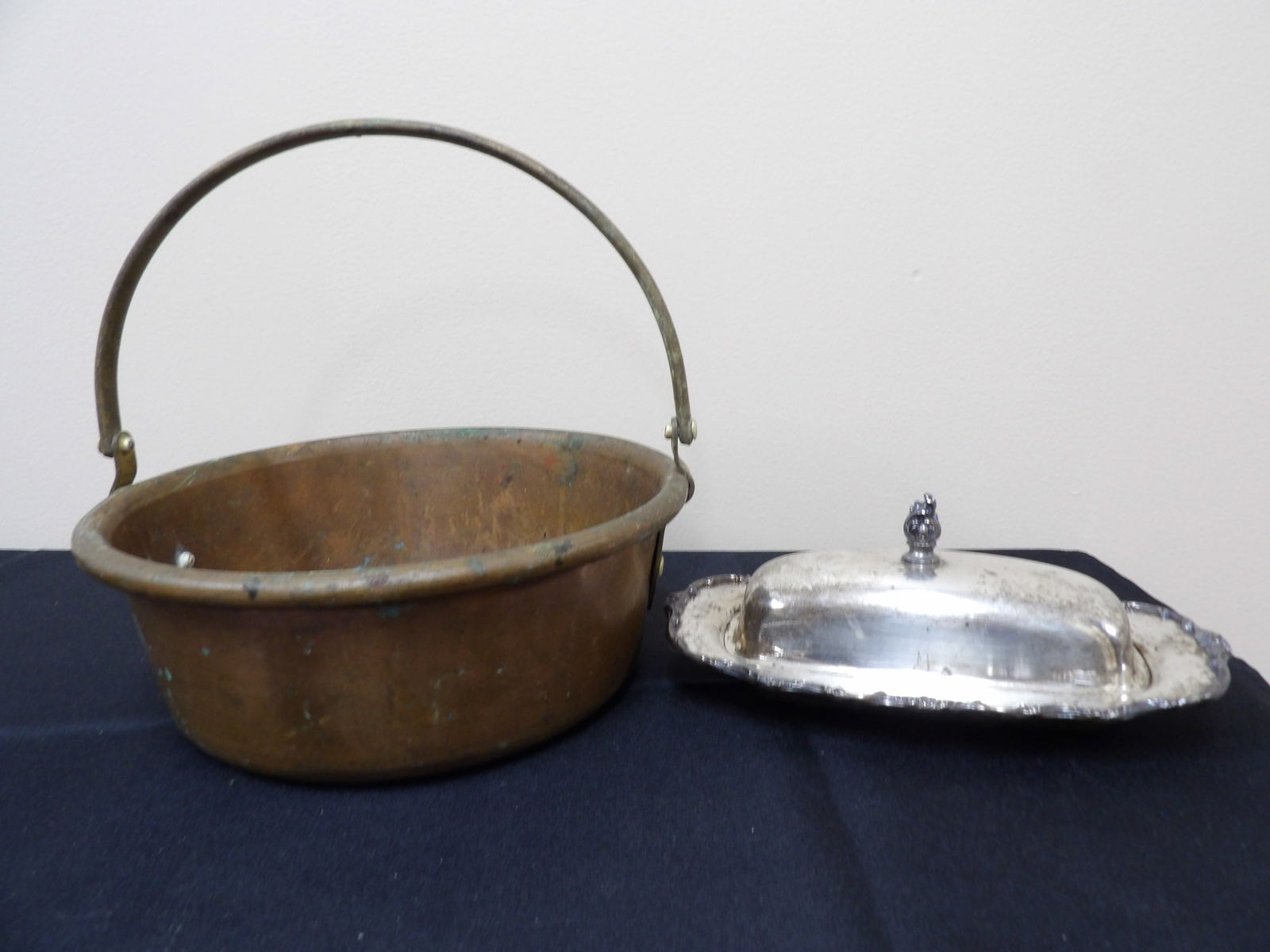Lot of 2 Brass/Copper Bucket and Silver Plated Lidded Dish (1 of 4)