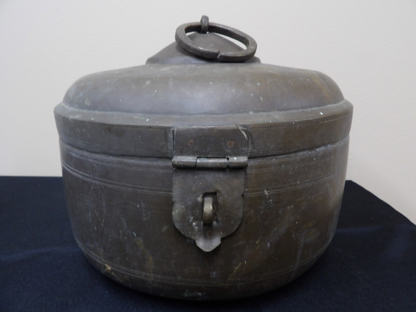 Large Brass/Copper Lidded Container: Age related wear.
