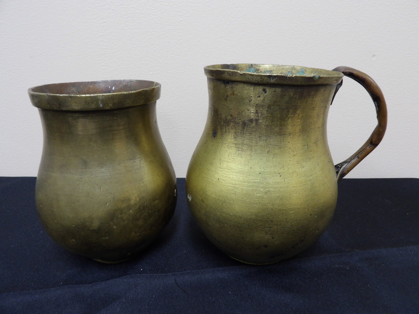 19th Antique Brass Jug Lot of 2: One jug's handle broken.