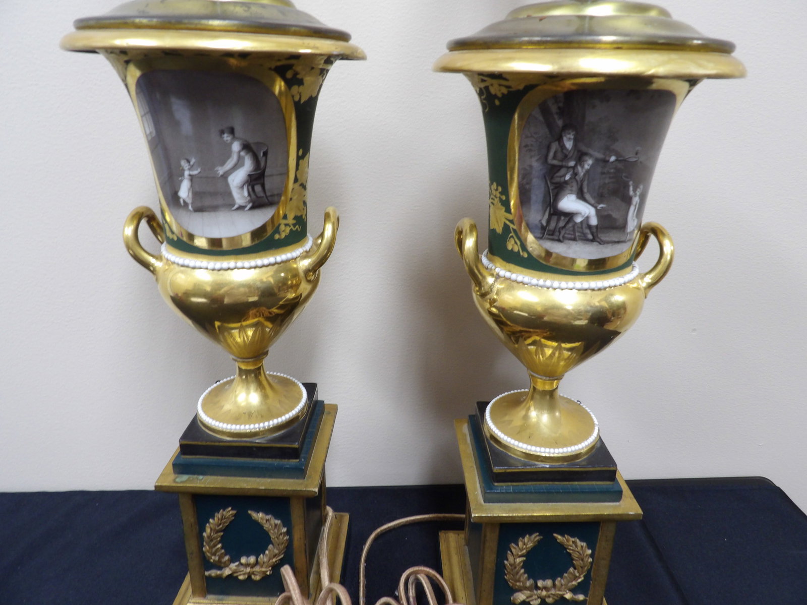 Antique pair of European porcelain vase converted lamps hand painted gold gilt: 31 inches height.