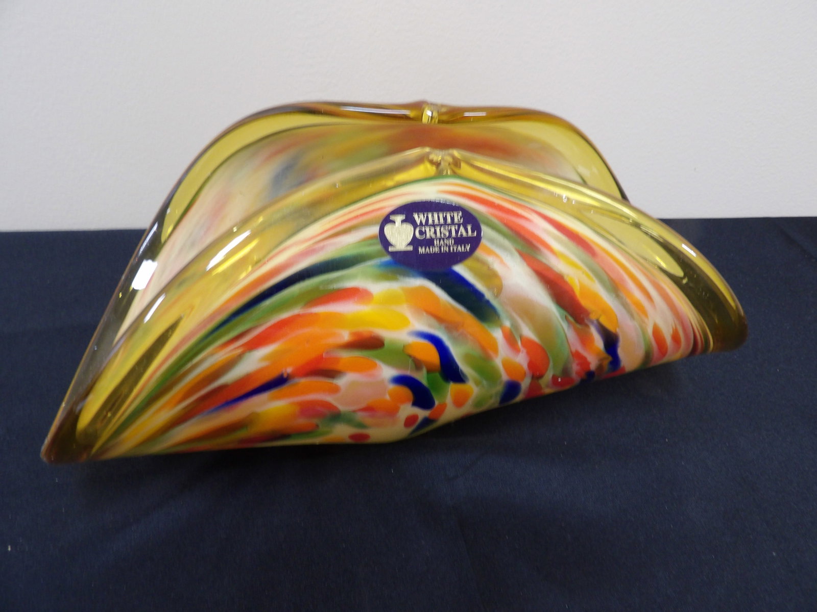 White Cristal hand made in Italy large art glass bowl: Size is 12.5 x 6.5 x 6 inches.