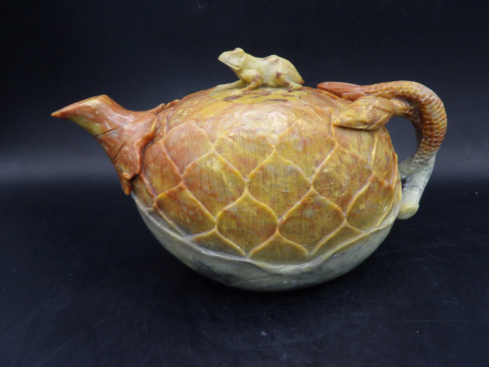 Chinese fine carved shoushan stone lotus frog teapot: 6.5 inches length.
