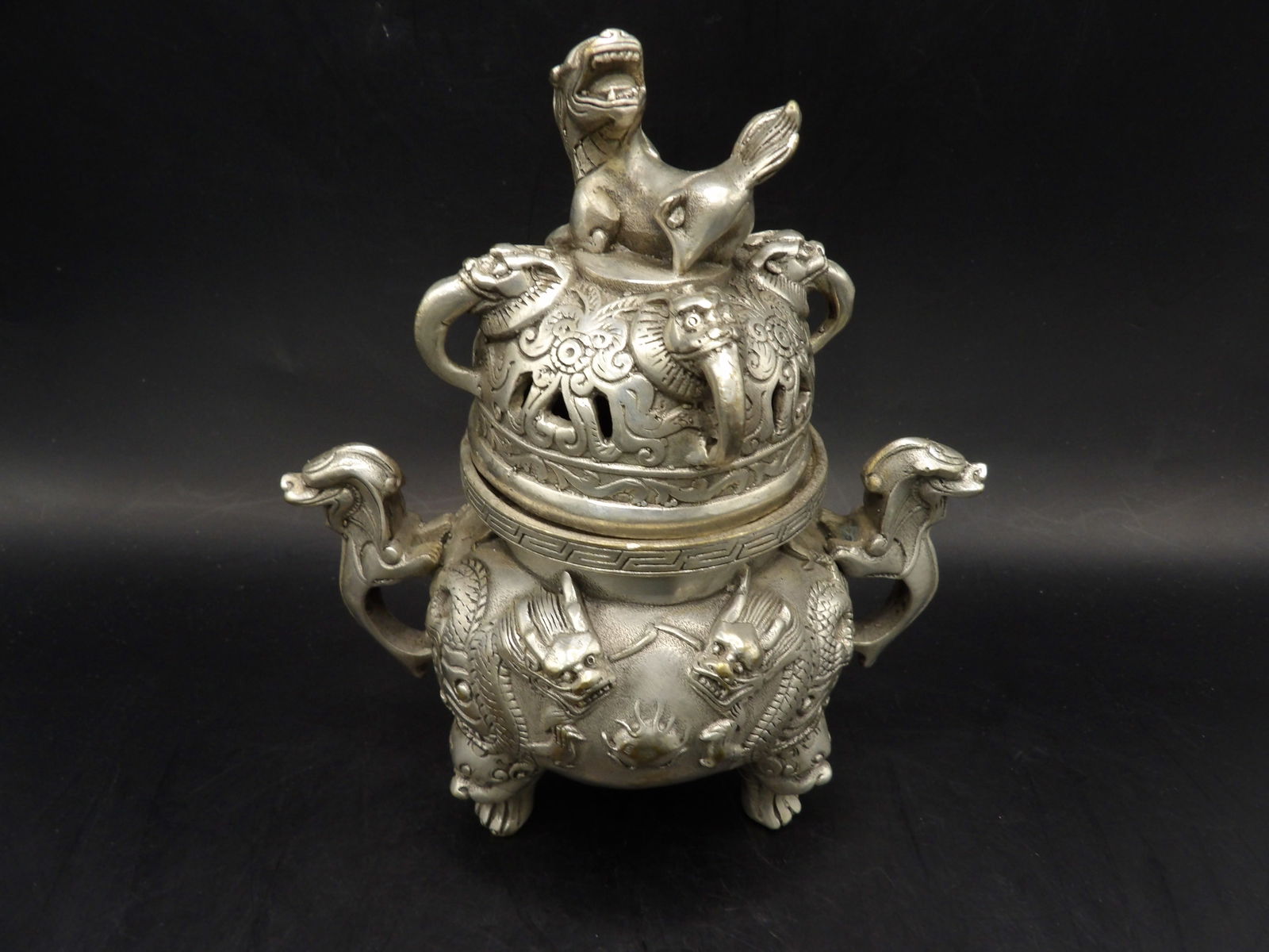 Chinese bronze dragon incense burner with foo dog lid (1 of 8)