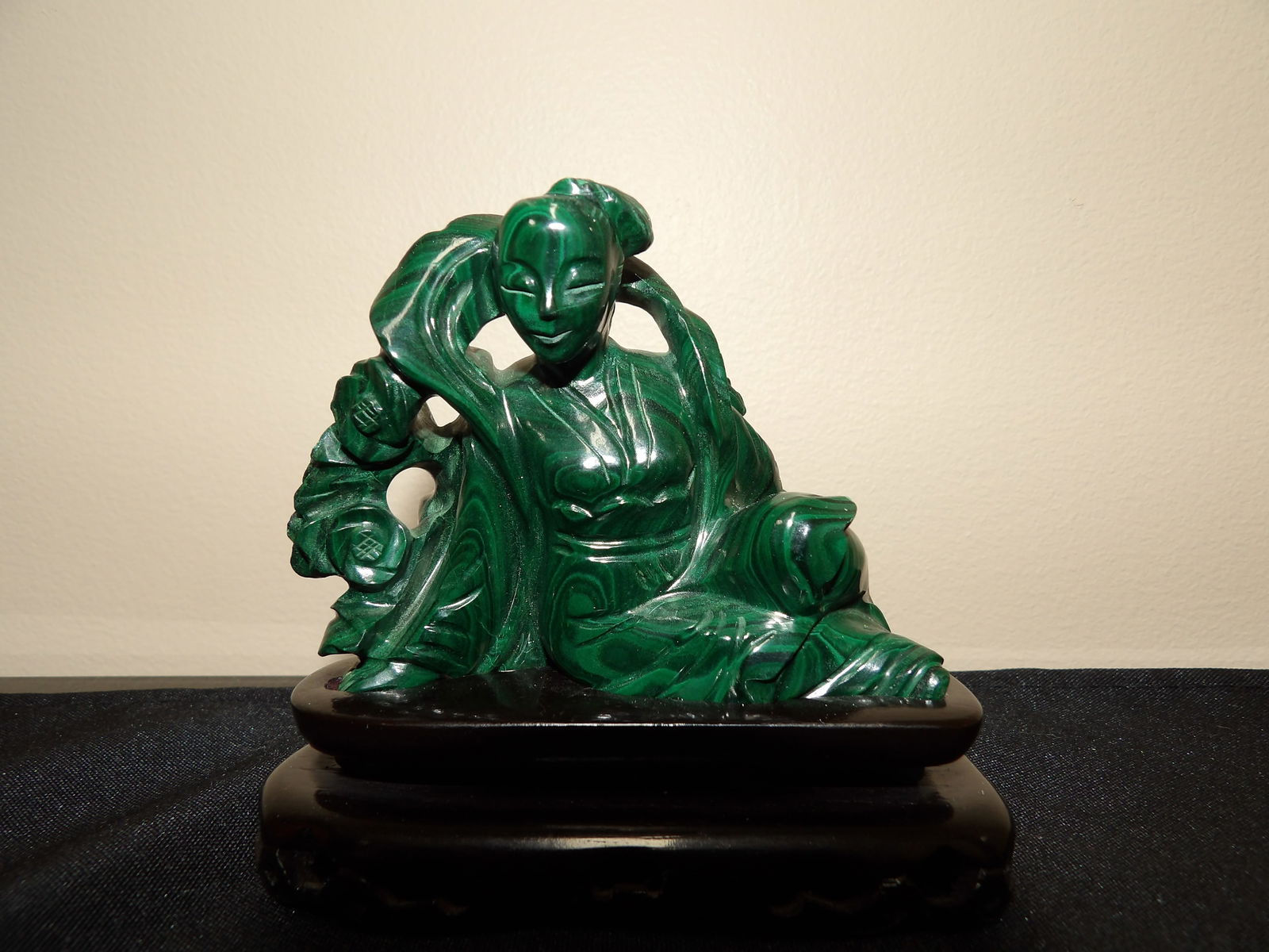 Chinese antique malachite fairly carving statue with wooden base: 3.5 inches length. 236 grams.