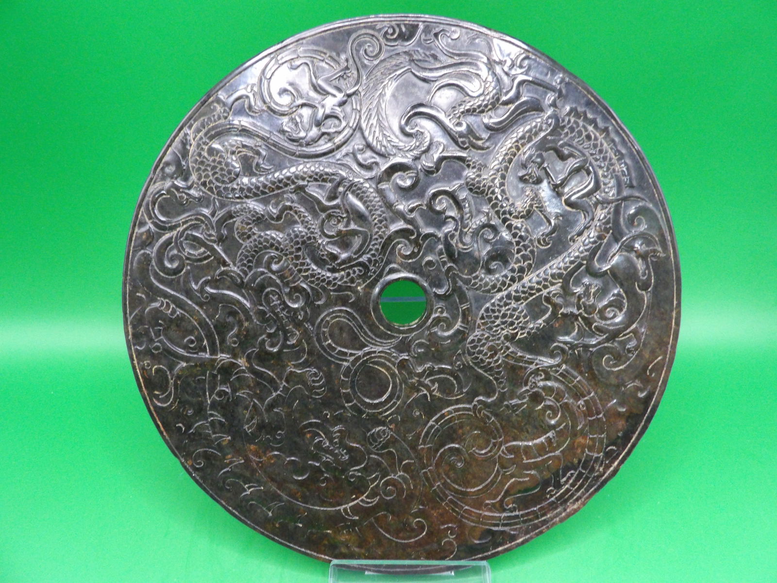 Chinese carved jade dragon pattern large disc (1 of 8)