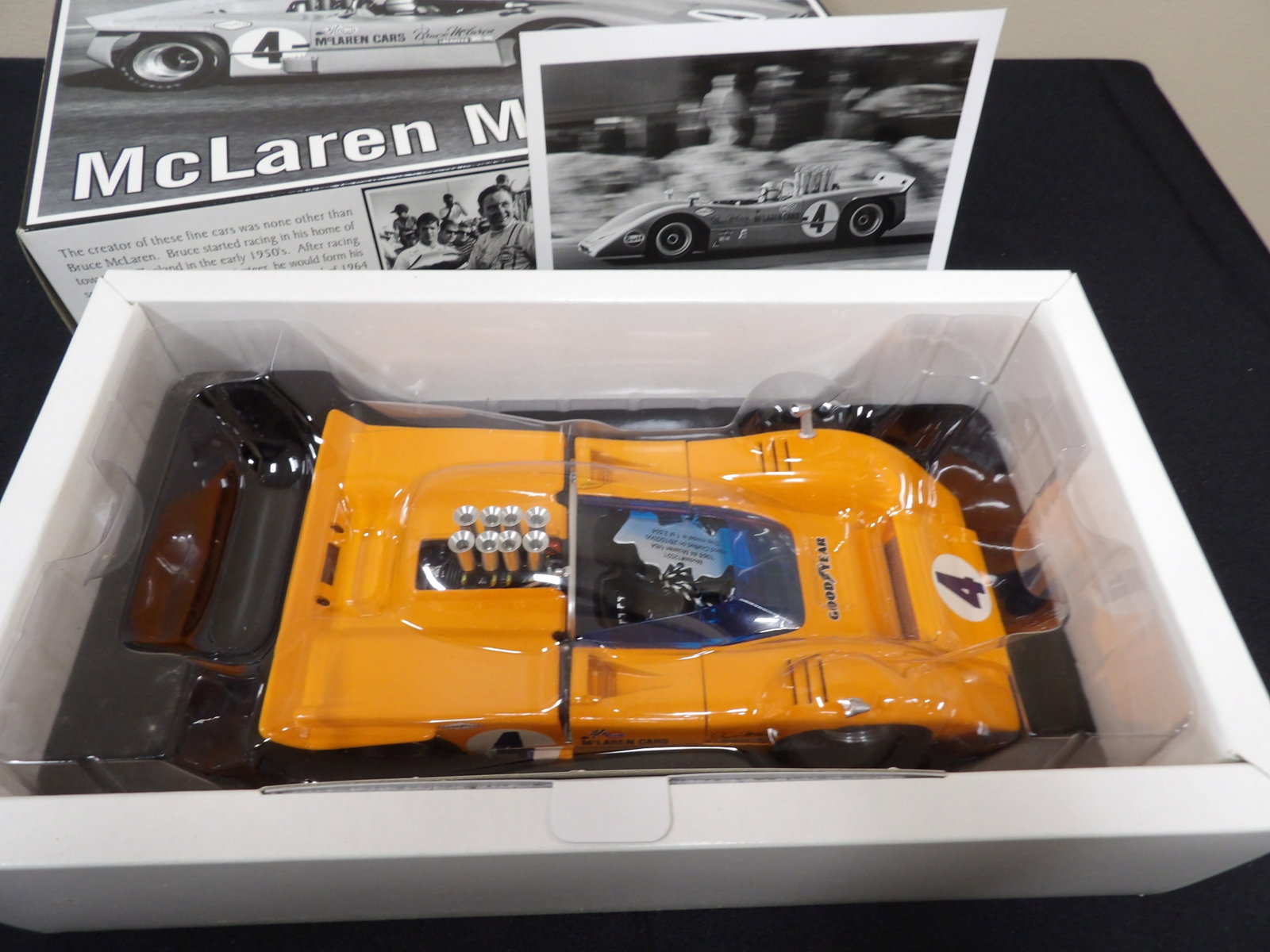 GMP Bruce McLaren McLaren M8A 1:18 in original box: 8.5 inches length scale car in 13 inches length box.