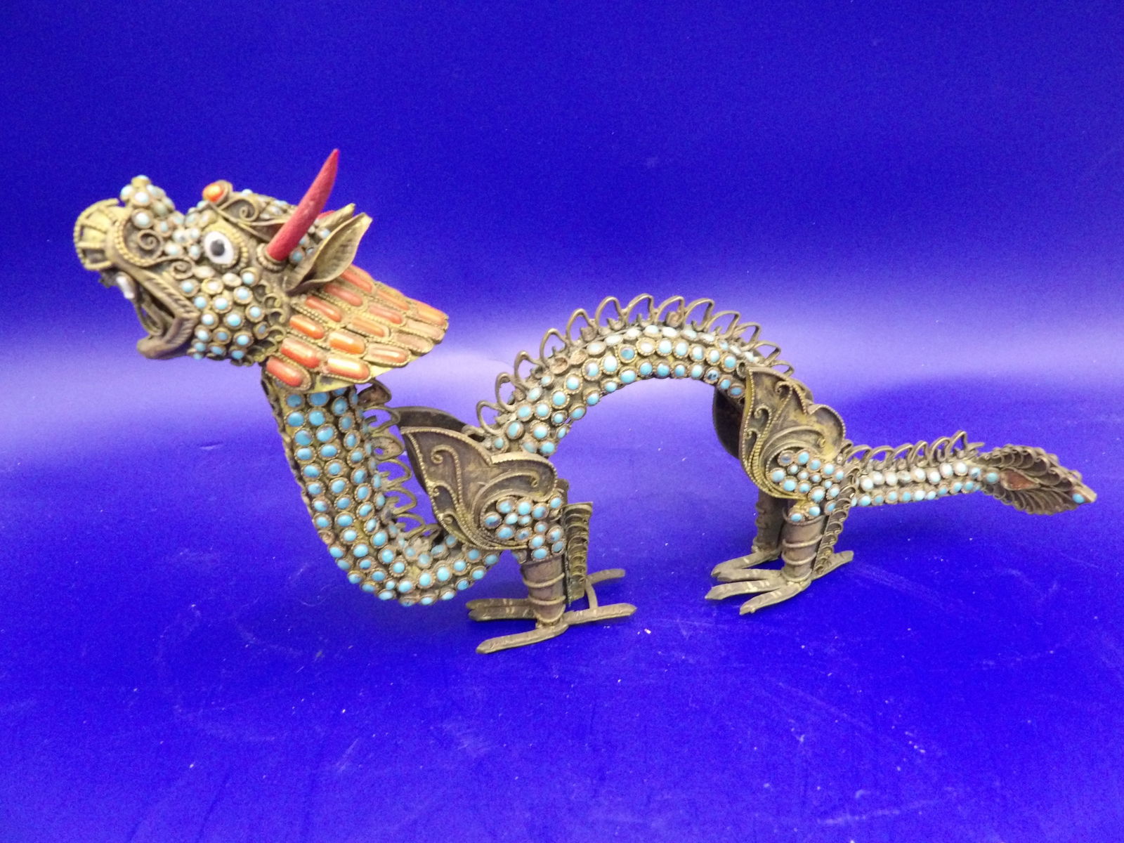 Chinese Tibetan filigree inlaid dragon statue (1 of 6)