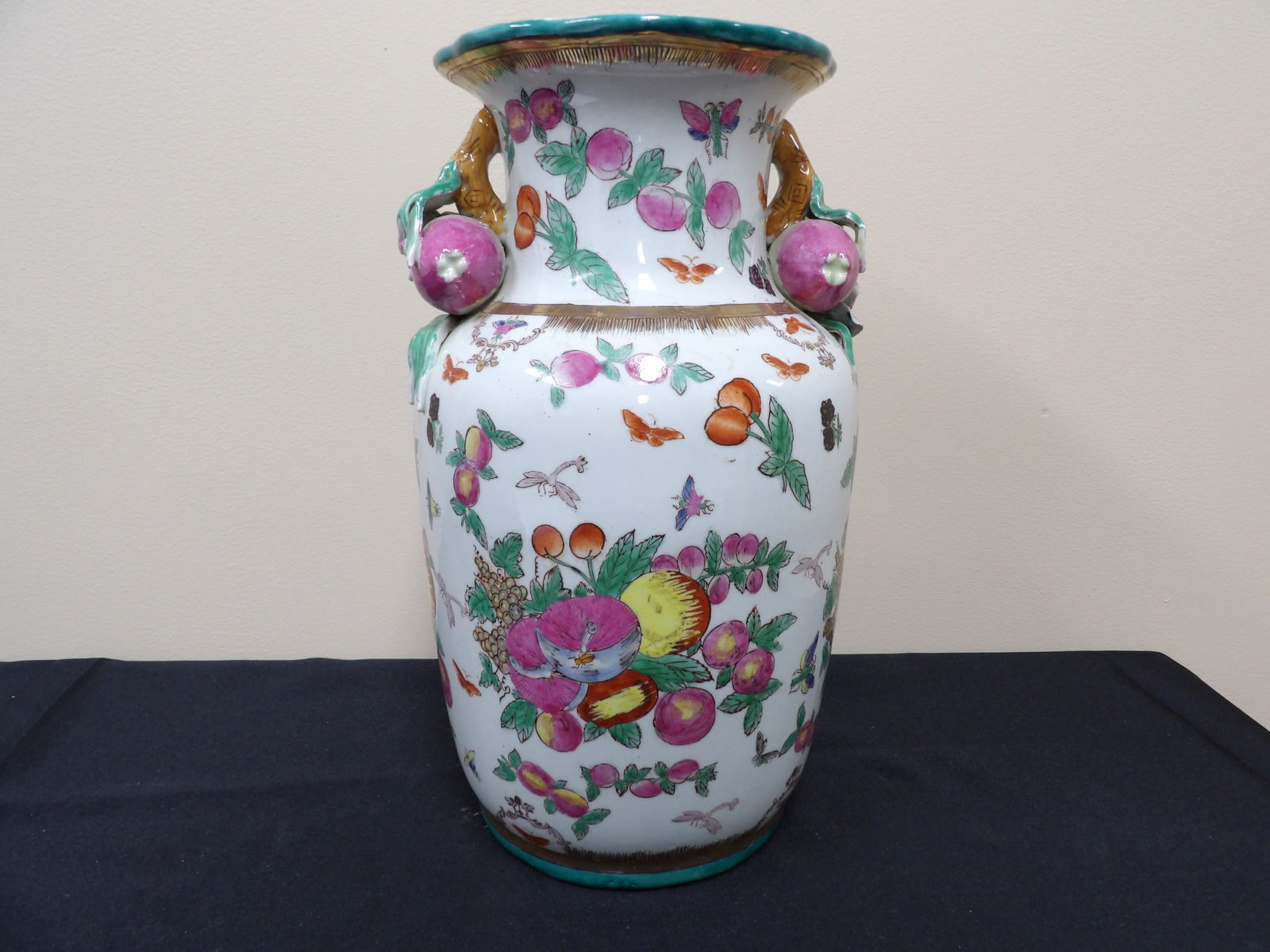 Antique Chinese porcelain large vase with peach shaped handles signed on the bottom (1 of 5)
