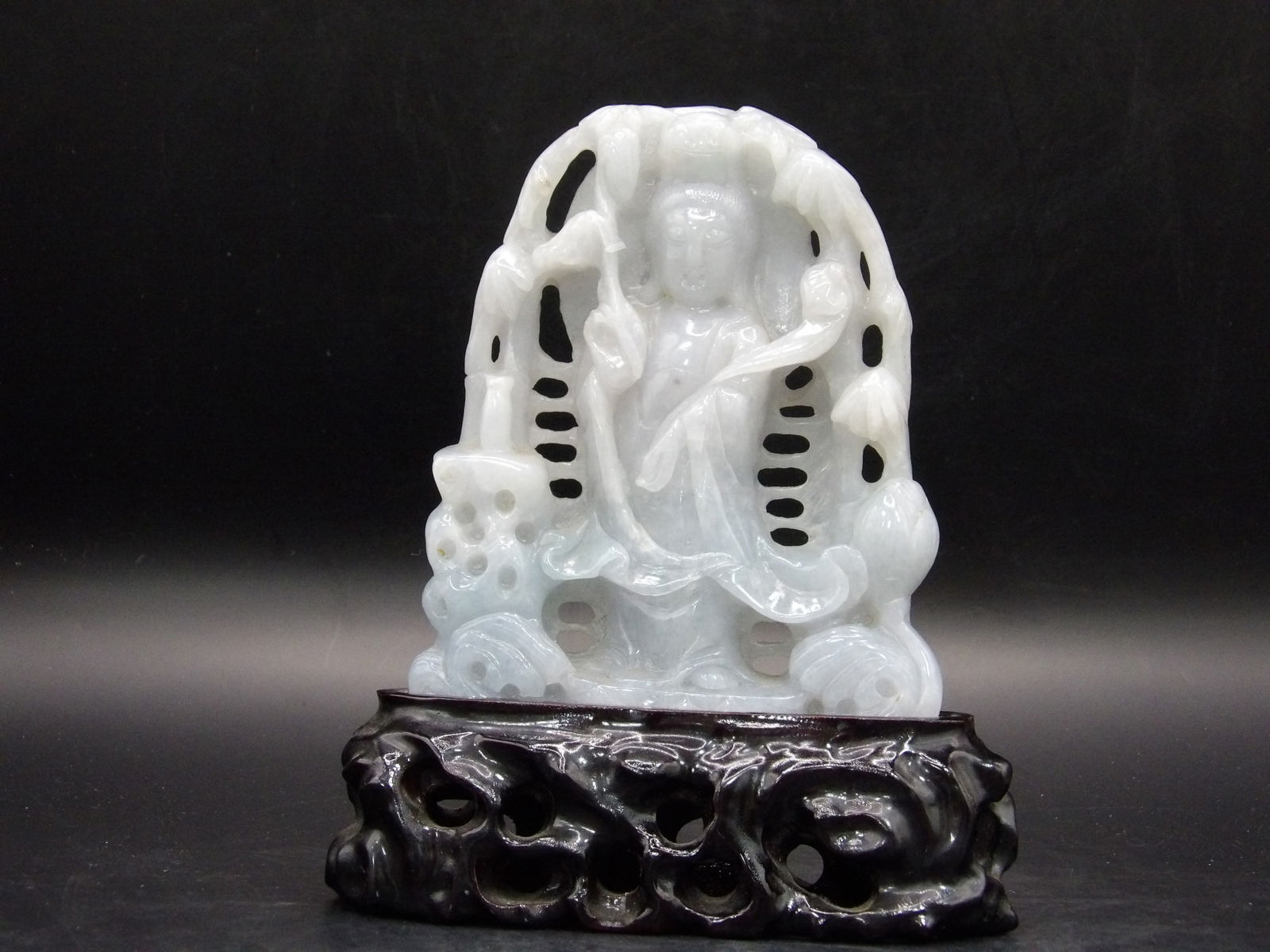 Chinese Jadeite Jade Kwan Yin Statue: Jadeite is 4.5 inches height. The statue is adhered to custom wooden stand and the total weight is 370 grams.