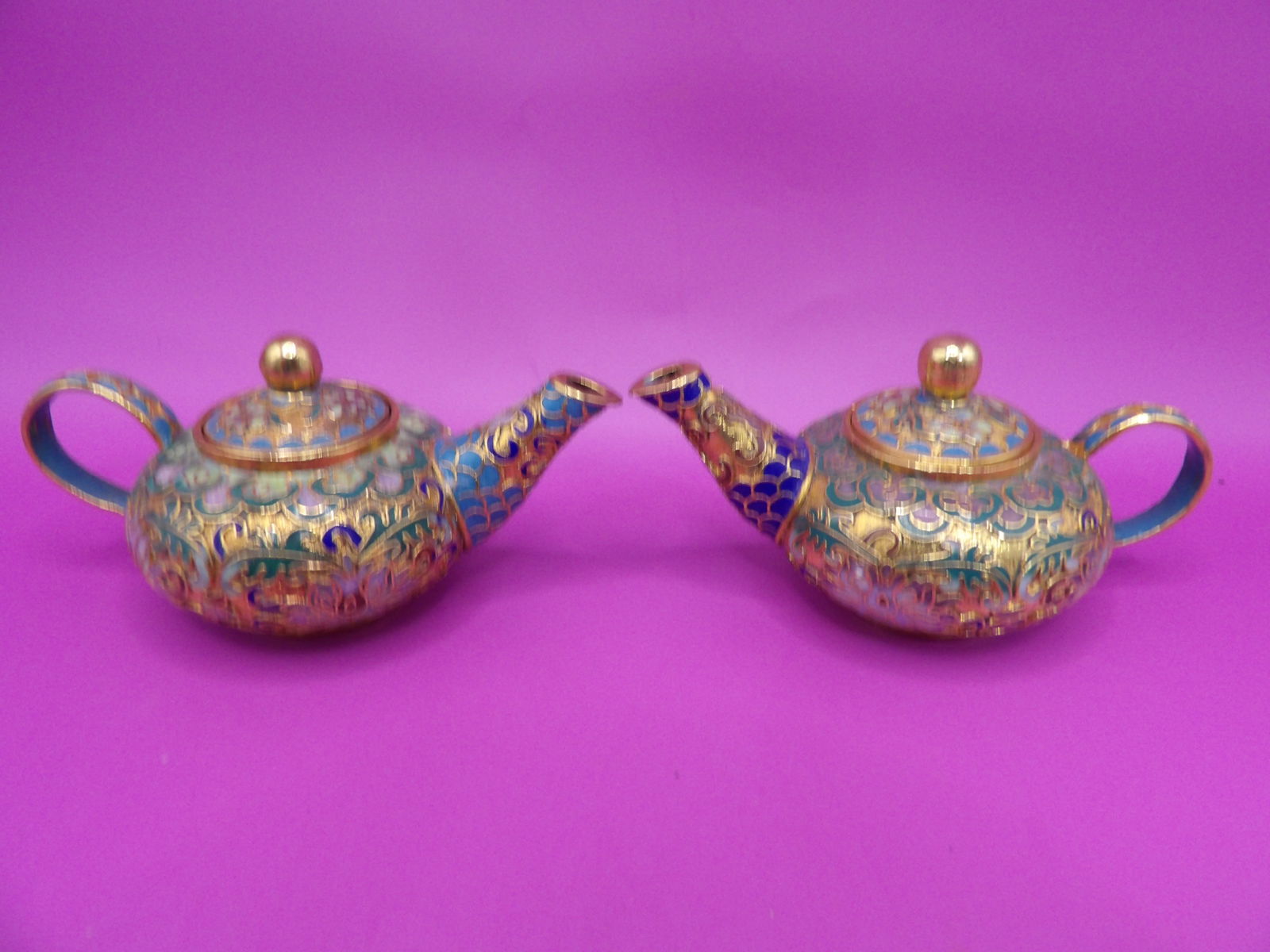 Lot of 2 Chinese cloisonne enamel mini teapots with filigree work (1 of 6)