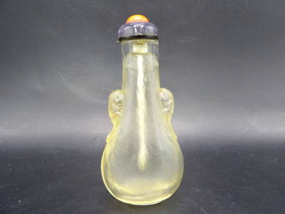 Fine Chinese antique rock crystal snuff bottle with lion head and padded storage box: 3 inches height.