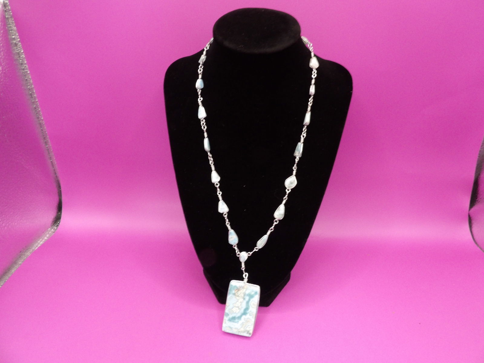 Natural larimar drop necklace: 19 inches length necklace plus 2.6 inches pendant drop.