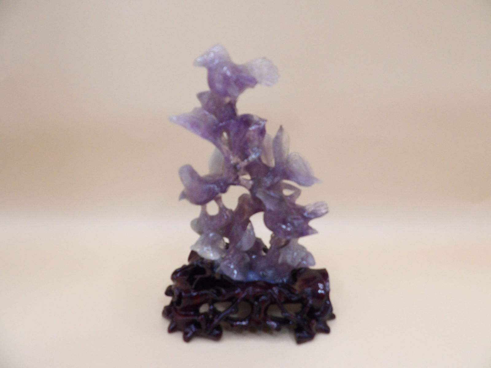 Chinese fine amethyst carving of 3 birds on top of a tree on custom wooden base: 5 inches height with base.