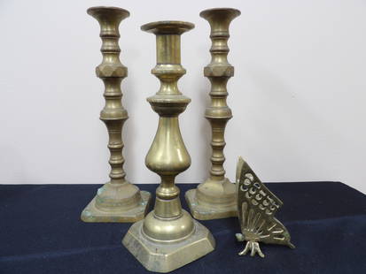 Vintage 3 Brass Candle Holders and Brass Butterfly: Lot of 4.