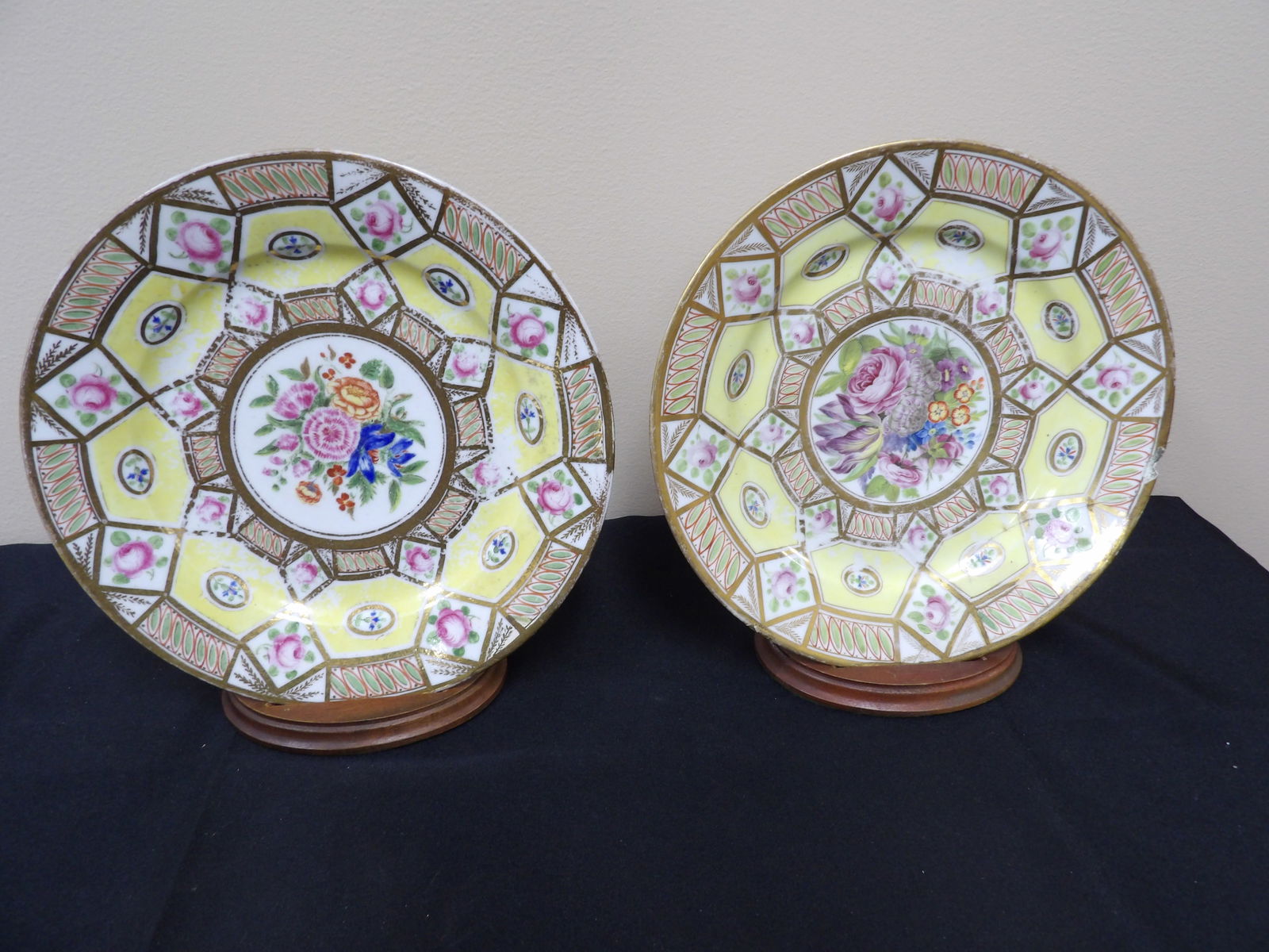 Early 19th century English Coalport porcelain hand painted plates with custom wood bases (1 of 7)