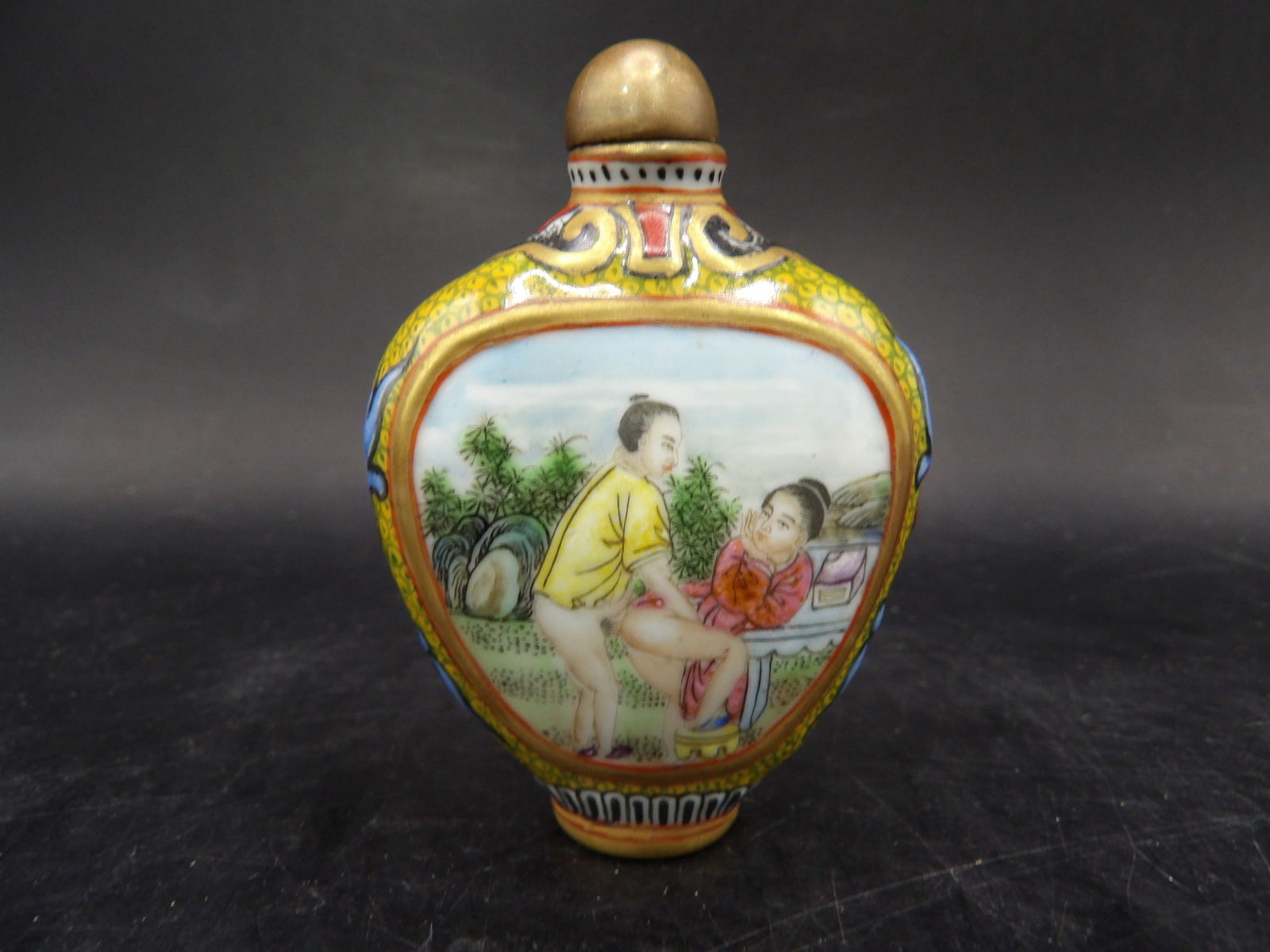 Qing dynasty Chinese hand painted porcelain snuff bottle with erotica scene and Chinese calligraphy (1 of 7)
