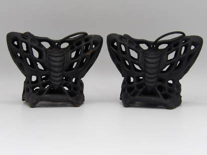 Japanese cast iron butterfly candle holders lot of 2: Size is 3.5 x 3.5 x 5 inches not including handles. One candle holder is missing the bottom cover.