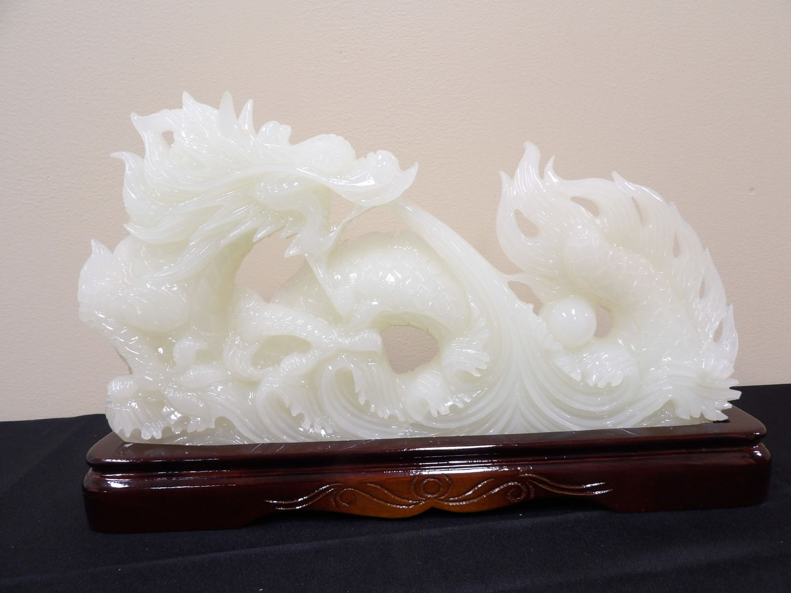 Large and heavy Chinese stone dragon carving on wooden base (1 of 9)