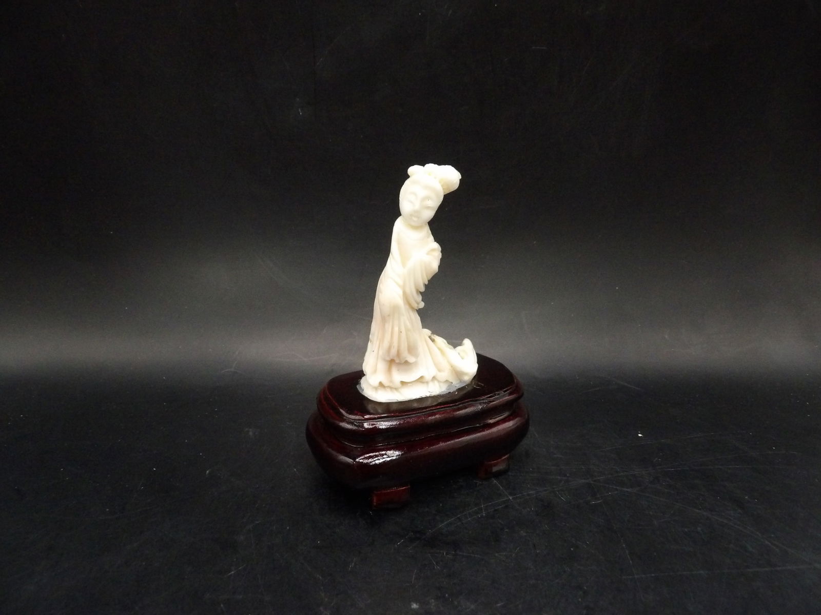 Antique Chinese angel skin coral maiden figure adhered to wooden base: 4.2 inches height with base.