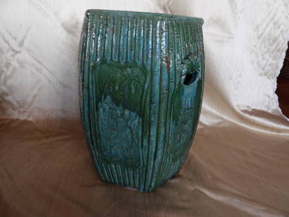 Antique Chinese green glazed porcelain garden stool with Chinese characters: 17.5 inches height.