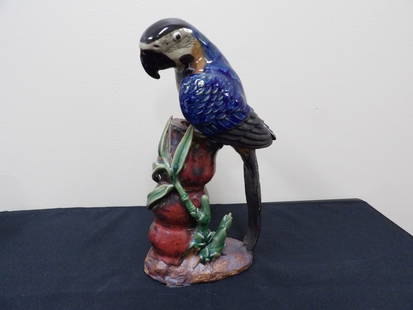 Chinese porcelain parrot figurine signed: Approx. 11 inches height.