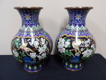 Pair of fine Chinese cloisonne vases with bird flowers design: 12.5 inches height.