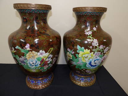 lot of 2 very fine large Chinese cloisonne vases with floral pattern: 15 inches height.