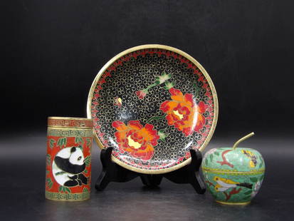 Lot of 3 Chinese Cloisonne Items: Panda trinket container is 2.8 inches height. Apple shaped trinket box. Cloisonne plate is 5 inches diameter. Lot of 3.