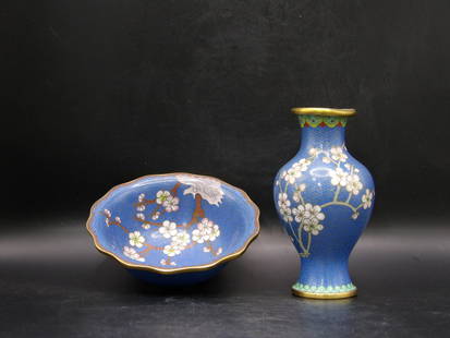 Chinese or Japanese Cloisonne Floral Vase and Scalloped Edge Bowl Lot of 2: Vase is 5 inches height. Scalloped edge bowl is 5 inches diameter.