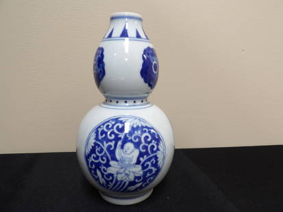 Chinese Blue And White Porcelain Vase Boy Holding Lotus Kangxi Double Circle Mark: Approx. 8 inches height.