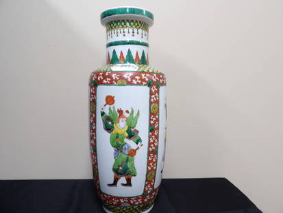 Chinese Large (17 Inches Height) Fine Hand Painted Warrior Vase: 4 panels of fine warrior painting. Size 6 x 6 x 17 inches. One surface hairline near one warrior.