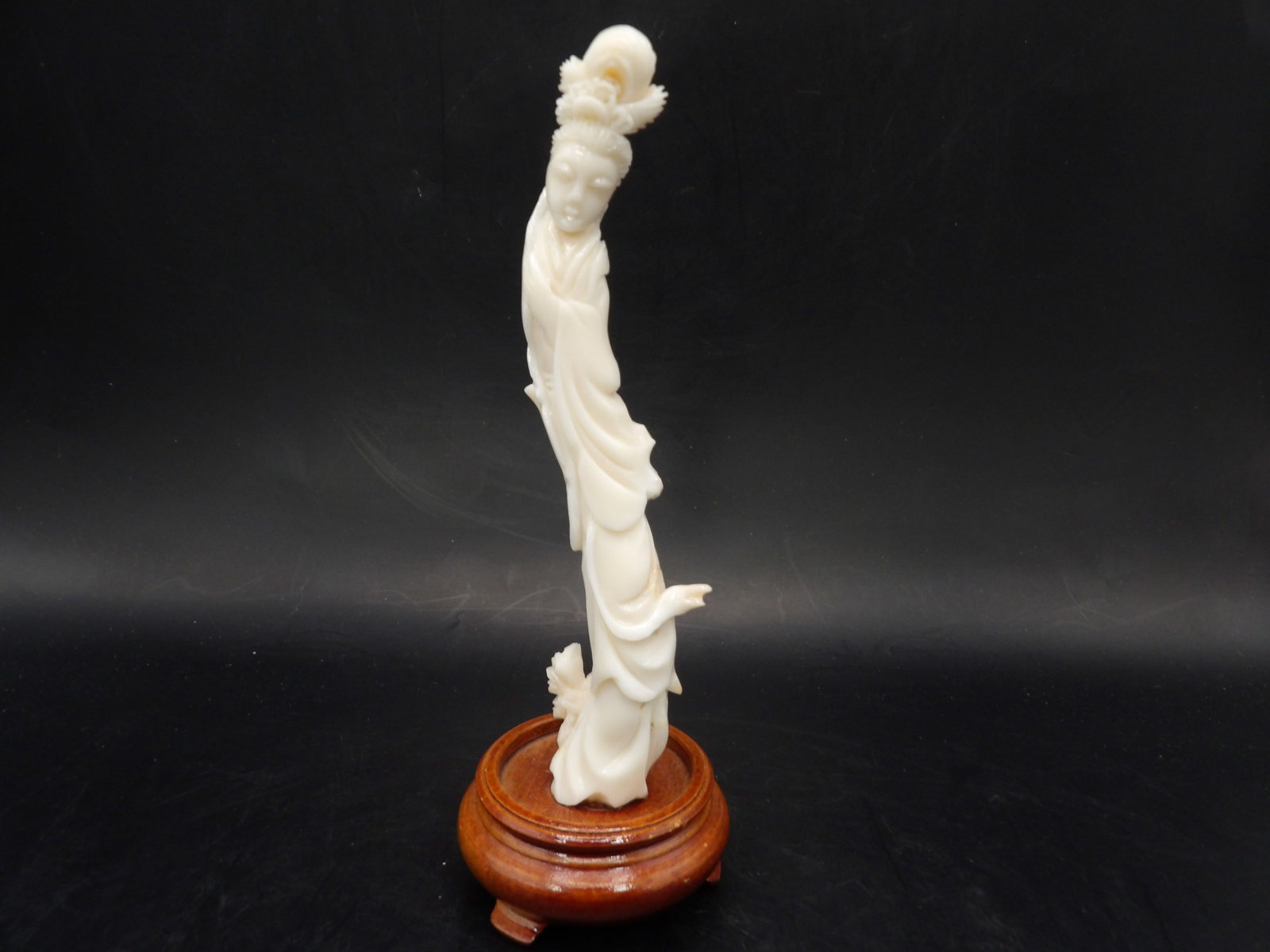 Antique Chinese angel skin coral carving on custom wood base: Figurine is adhered to wooden base. Total height is 5.4 inches.