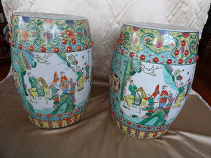 Lot of 2 Chinese antique finely hand painted porcelain stool lot: Size is approx. 13 x 13 x 19 inches.
