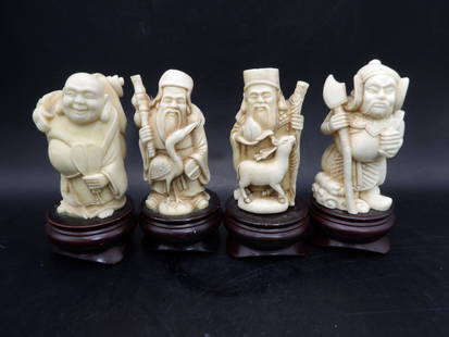 Lot of 4 Asian resin figurines with wooden base: 4 inches height including wooden base.