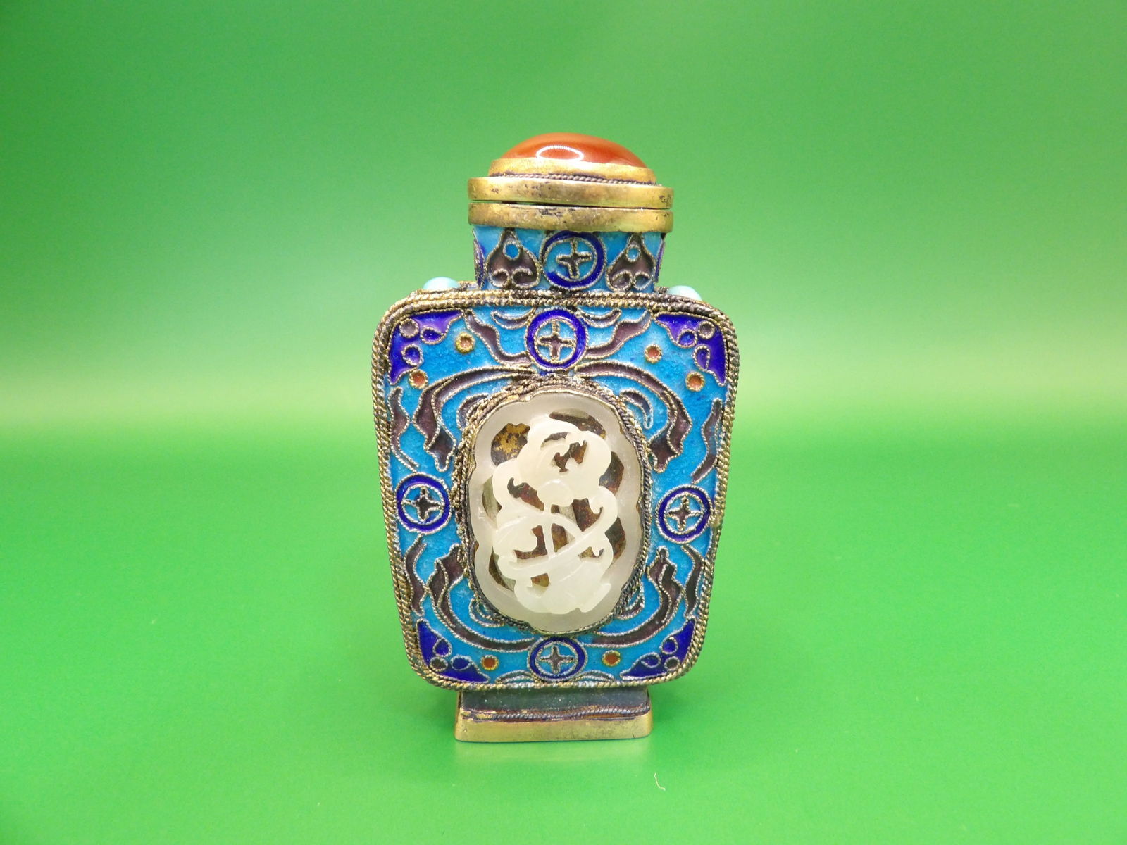 Chinese antique cloisonne enamel snuff bottle with jade inalid (1 of 7)