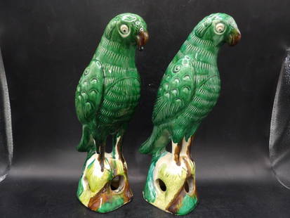 Lot of 2 Chinese antique porcelain green glazed parrot statues: 10 inches height.