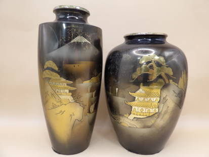 Lot of 2 Japanese gold silver chokin etched brass vases Meiji period: Taller one is 8 inches height.