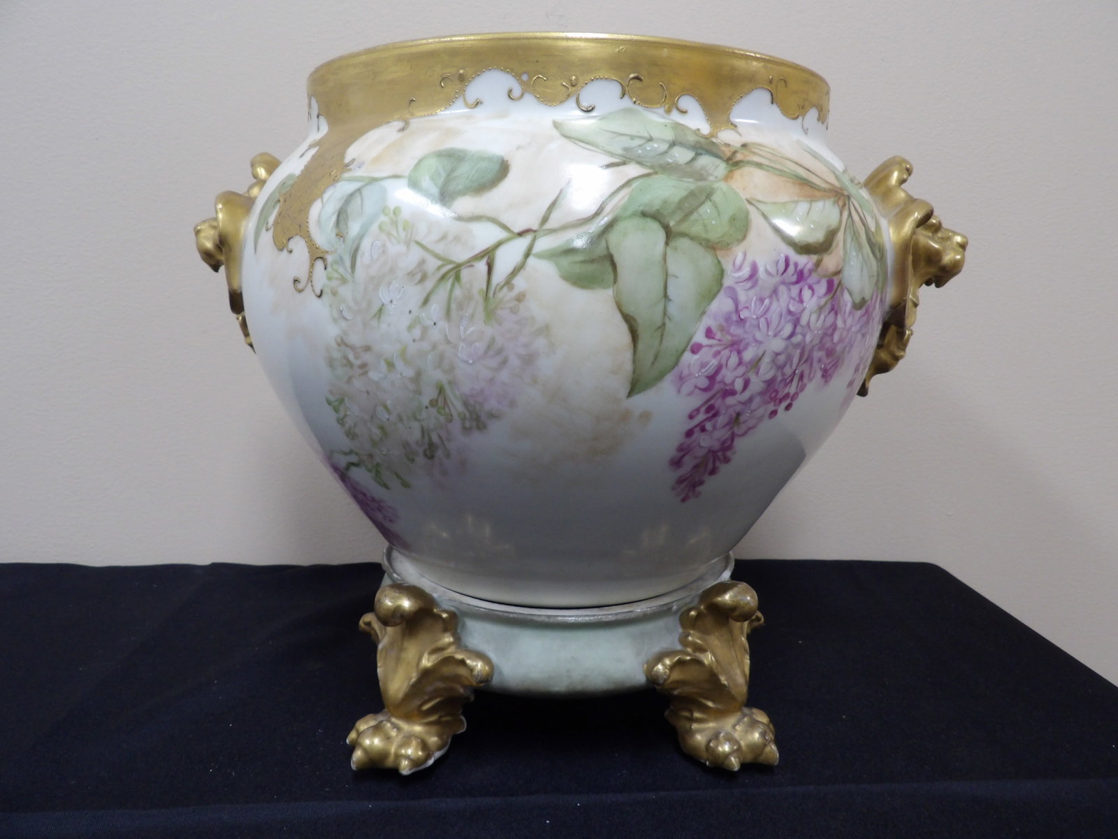 antique rare Limoges porcelain 2-piece jardiniere with lion head handles and claws signed: Signed on the base. 11.5 inches height.