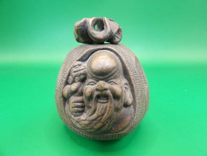 Very rare Chinese or Japanese pottery snuff bottle: 3 very fine made face on the snuff bottle. Stopper is ornate. 2.2 inches height.