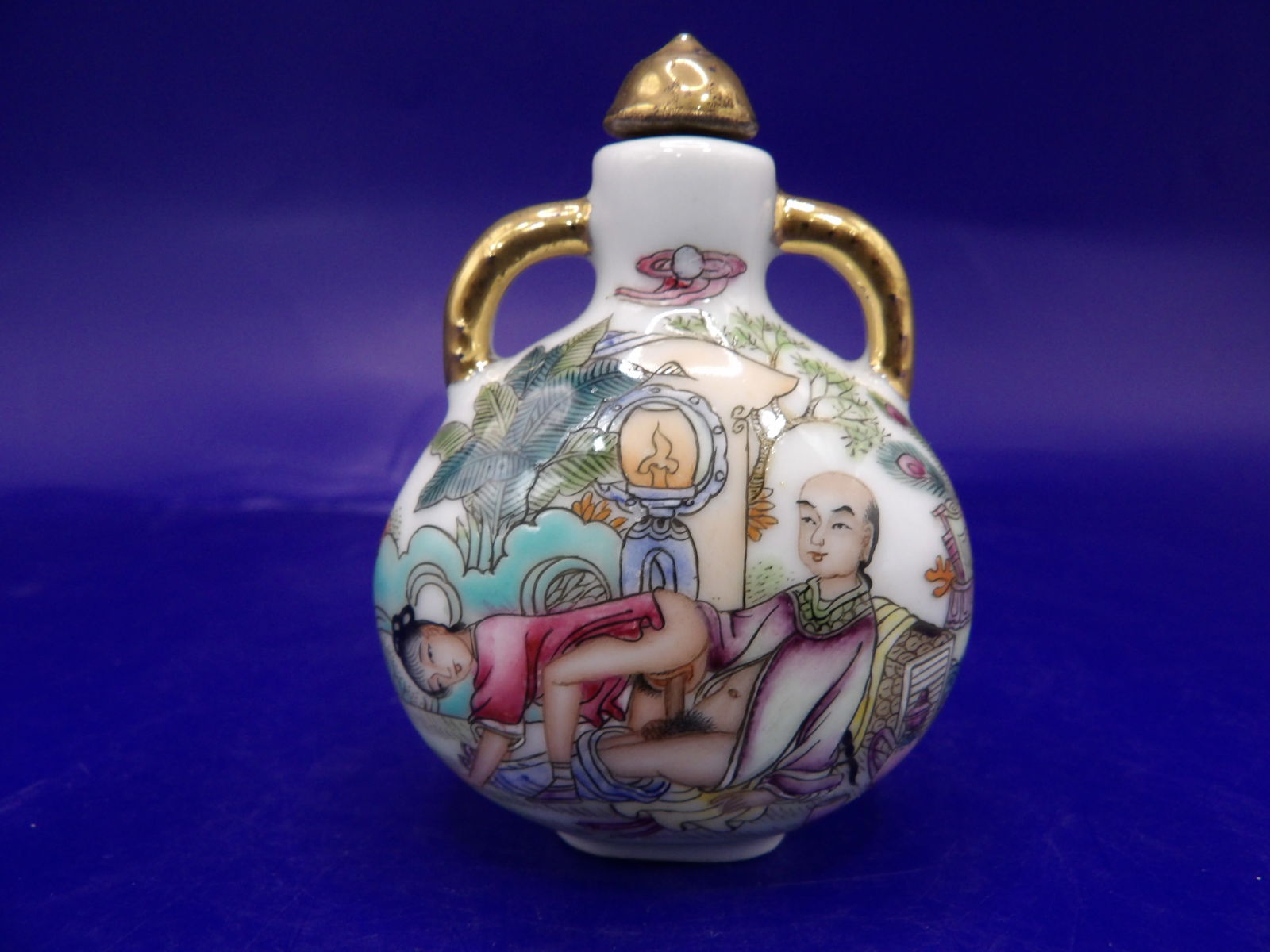 antique Chinese gold gilt porcelain snuff bottle with erotica scene and Chinese calligraphy (1 of 9)