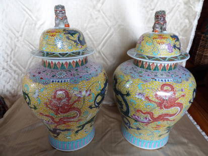 lot of 2 MASSIVE Chinese large porcelain dragon ginger jar with Qing dynasty Kangxi 6-character mark: Size is approx. 14 x 14 x 28 inches. With foo dog lids, dragon painting and ornate decorations all around. Qing dynasty Kangxi mark on the upper front of the jar.