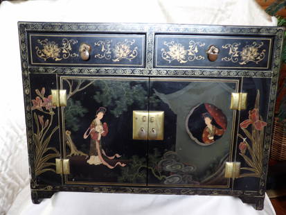 Chinese hand painted lacquered storage cabinet with brass hardware: Size is 24 x 12 x 18 inches. Hand painted front, top and sides.