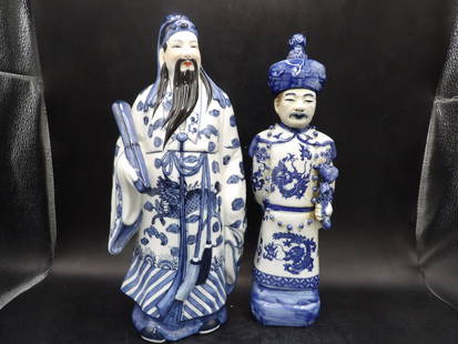 Lot of 2 Chinese blue and white porcelain emperor and scholar figurines: Taller one is 12 inches height.