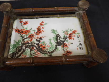 Chinese porcelain plaque inlaid wood tray: Size is 11 x 7.7 x 3 inches.