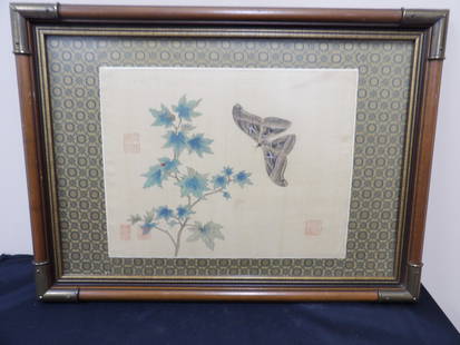Framed Chinese silk painting with read seals: Frame size is 22 x 16.5 x 0.8 inches.