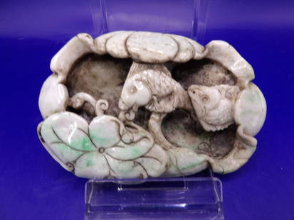 Chinese jadeite jade carved fish lotus pond scene brush washer: 4.3 inches length. 280 grams.