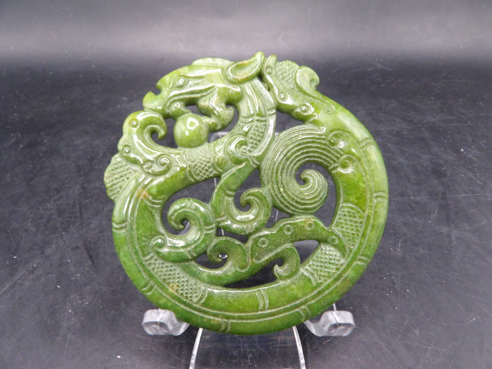 Chinese green jade carved dragon large plaque (1 of 5)