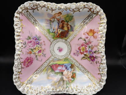 Antique Schierholz Austria hand painted porcelain square plate shallow bowl: 9.5 inches diameter. Signed.