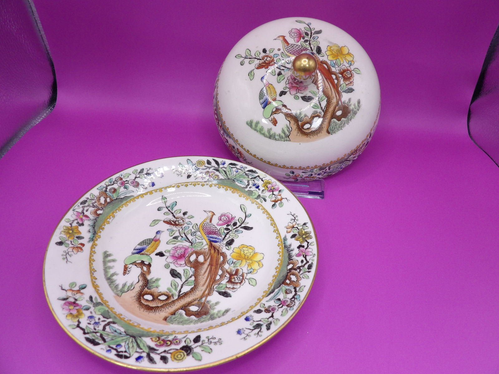 Spode Impl Copeland pheasant plate with butter dish lid early 20th century (1 of 7)