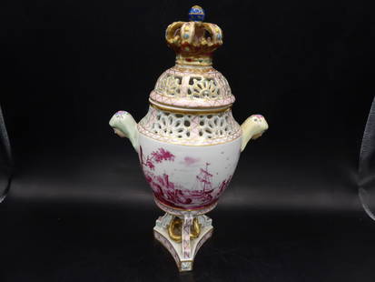 Rare early Meissen porcelain lidded vase very ornate signed: 9.5 inches height.